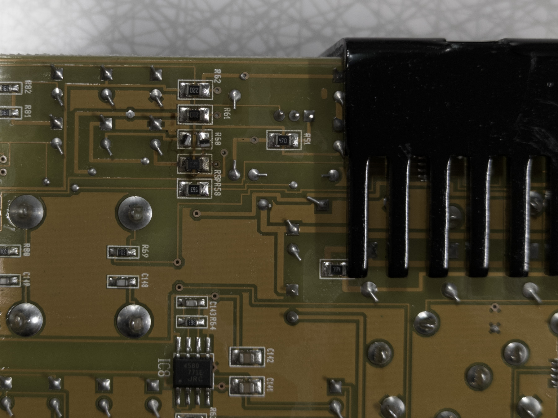 Circuit board showing damaged resistors